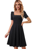 Vintage Square Collar Short Sleeves Solid A-line Midi