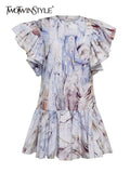 Print Colorblock Dress For Women Round Neck Flying Sleeve High Waist Mini Dresses Female Summer Clothing Style