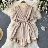 2022 Summer New Korean Rompers Women Flared Sleeve Solid Ruffle Wide Leg Short Jumpsuits Casual Vacation Beach