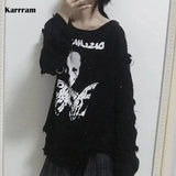 Black Gothic Lady Cotton T Shirt Women Skull Print Long Sleeve Off Shoulder Loose T-shirt Dark Goth Kawaii Irregular