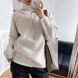 Winter Women's Turtleneck Sweater Pullover Women Zipper Turn Down Beige Knitted Oversize Jumper Loose Vintage Warm