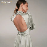 Fashion Stand Collar Satin Women Dresses Autumn Elegant Long Sleeve Backless Mini Dress Casual Sliim Pleated Dress