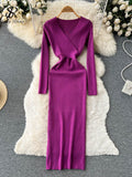 Autumn Sexy Knitted Dress Women V Neck Long Sleeve Slim Maxi Dress Female Autumn Hollow Out Sweater Long Dress