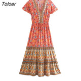 V-Neck Short Sleeve Summer Dress Floral Printed Bohemian Maxi Dresses Casual Beach Women Clothing 2023 Female