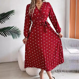 Shooting 2025 Autumn And Winter Elegant Bump Color Wave Point Cross V Collar 100-Fold Long Dress Women's