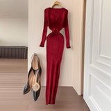 Women's Autumn And Winter 2025 New Korean Version Of Simple Solid Color Long Sleeves Tight Waist Thin Knit Long