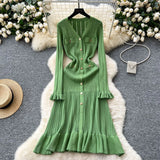 Scented Dress Women's Autumn And Winter Set High-End Feeling V-Neck Metal Buckle Slimming Lotus Leaf Side Knitting