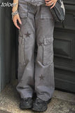 Star Print Gray Low Rise Cargo Jeans Grunge Clothes Y2k Aesthetic Womans Pants Streetwear Denim Trousers