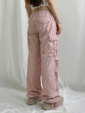 Bandage Elastic Waist Cargo Pants Pink Aesthetic Casual Sweatpants Straight Wide Leg Baggy Trousers 100% Cotton