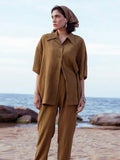 Loose Women Trouser Suits Short Sleeve Shirt With High Wasit Pants 2 Piece Sets Spring Pleated Elegant Brown Lady