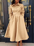 Women's Clothing 2025 Autumn New Large Swing Solid Color Collar Long Sleeve A Dress African