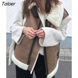 Suede Leather Thick Fleece Jacket Autumn Winter Women Splice Sleeveless Faux Shearling Jackets Vest Y2K Cardigans