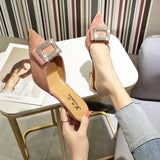 Graduation party Rhinestone Square Buckle Slipper Women Shoes Woman 2020 Summer New Thin High Heels Pointed Toe Slippers Slides Sexy Ladies
