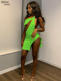 Sisterlinda Sexy Hollow Green Mini Dress Women One-Shoulder Sleeveless Side Split Backless Party Vacation Stretchy Skinny