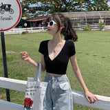 Toloer T-Shirt Female 2024 Summer New Deep V Collar Outside Wear Low Chest Korean Version Slim Crop Short Style Student Top