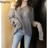Woman Sweaters Sexy V-neck Knit Oversized Top Fashion Y2K Sweater See Through Thin Jumper Korean Elegant Women's