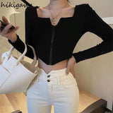 Blusas Mujer De Moda Crop Tops Korean Y2k Clothing Square Collar Long Sleeve Zipper T-shirts Women Sexy Fashion