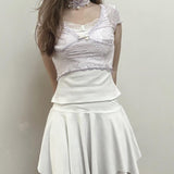 Sweet Y2K Lace Cami Patchwork Cropped Top Purple Coquette Aesthetic Short Sleeve Lace T-shirts Fairycore Cute
