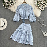 Temperament V-Neck Hollow Embroidered Lantern Sleeve Short Shirt Women Two Sets Hit High Waist Thin Word Half