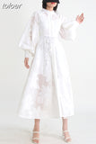 Elegant Solid Dresses For Women Stand Collar Long Sleeve Single Breasted High Waist Tunic Embroidery Dress Female