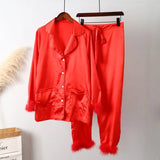 Wear Women Soft Feather Home Suit Button Up Top Slim Pants Two Piece Set 2022 Casual Pajama Elegant Lady Homewear