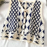 Vest Women Vintage Outerwear Slim Single Breasted V-neck Hollow Out Patchwork Knitting Art Retro Newest Design