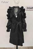 Fashion Women's Trench Coat Lapel Single Breasted Shoulder Ruffle Long Sleeve Belt Windbreaker Autumn 2023 New