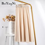 2020 Casual Belted Pleated Skirt Woman Midi Fashion Elegant Retro Chic Skirt Female Harajuku Spring Summer Faldas