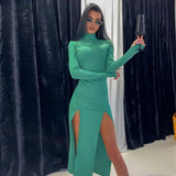 Toloer New High Collar Long Sleeves High Slits Irregular Slim Long Solid Color