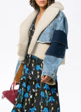 Casual Blue Turndown Collar Fleece Patch Denim