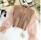 Women Tops Fashion Sexy Sheer Lace Blouse Lantern Sleeve 3D Floral Blouses Shirts Elegant Top Blusas
