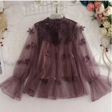 Women Tops Fashion Sexy Sheer Lace Blouse Lantern Sleeve 3D Floral Blouses Shirts Elegant Top Blusas