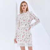 Print Lace Panel Slim Dress For Women Round Neck Long Sleeve High Waist Colorblock Dresses Female Fashion New