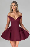 Burgundy Off-shoulder Mini Dress-Outfit