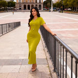 Body-Stupling Short-Sleeved Bag Hip Dress Gold Metal Buckle Open-Fork Solid Color