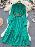 Autumn White/Green/Pink New Lace Embroidery Dress Women Long Sleeve Dresses Female Vintage Party Beach Maxi Long