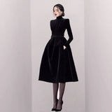 Winter Velvet Party Dress Runway Lady Fashion Vintage Elegant Stand Collar Long Sleeve Slim Waist Ball Gown Midi