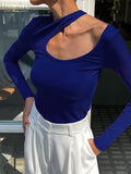 Sexy Blue Knit Women T-Shirts Bodycon O-Neck Long Sleeve T Shirt Streetwear Fashion Slim Hollow Out Tops Female