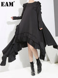 Women Black Irregular Hem Ruffles Dress New Round Neck Long Sleeve Loose Fit Fashion Tide Spring Autumn 2023