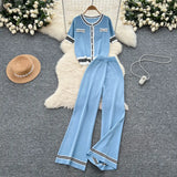 Fragrant Breeze Sleeze Sleeze Round-Neck Collar Knitted Top Women High-Waisted Leisure Broad-Legged Pants Summer