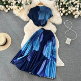 Vacation Beach 2pcs Set Women Floral Printed Short Sleeve Tops And High Waist Pleated Long Skirt Suit Spring