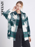 Stylish Pockets Oversized Plaid Jacket Coat Women Fashion Lapel Collar Long Sleeve Loose Outerwear Chic