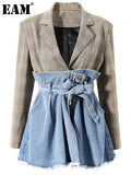 Women Blue Plaid Denim Bandage Big Size Blazer New Lapel Long Sleeve Loose Jacket Fashion Tide Spring Autumn 2023