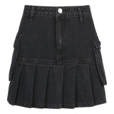 Punk Black Denim Mini Skirt Pleated Women Sexy Grunge High Waisted Pocket Patchwork A-line Jean Skirt E Girl