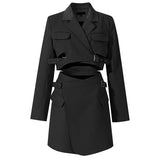 Women Blue Cross Buckle Hollow Out Blazer Dress New Lapel Long Sleeve Loose Fit Fashion Tide Spring Autumn 2023
