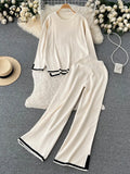 Women Casual Knitted Suits O Neck Long Knit Top+Split Wide Leg Pant Female Fashion OL Sweater Two Pieces
