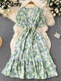 2022 Vintage Floral Print V Neck Bandage Dress Summer Midi Long Party Women High Waist Vestido De Festa Elegant