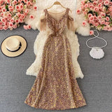 Red/Pink/White Sequins Party Maxi Dress For Women Sexy V-Neck Short Sleeve High Waist Tassel Long Robe Female Elegant