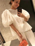 VAREY LIN Summer Japan Style Puff Sleeve Shirt Blouse Women Fashion Peter Collar Print White Tops Lady Sweet A-line