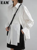 Women Blue Hem Slit Big Size Irregular Blouse New Lapel Long Sleeve Loose Fit Shirt Fashion Spring Autumn 2023